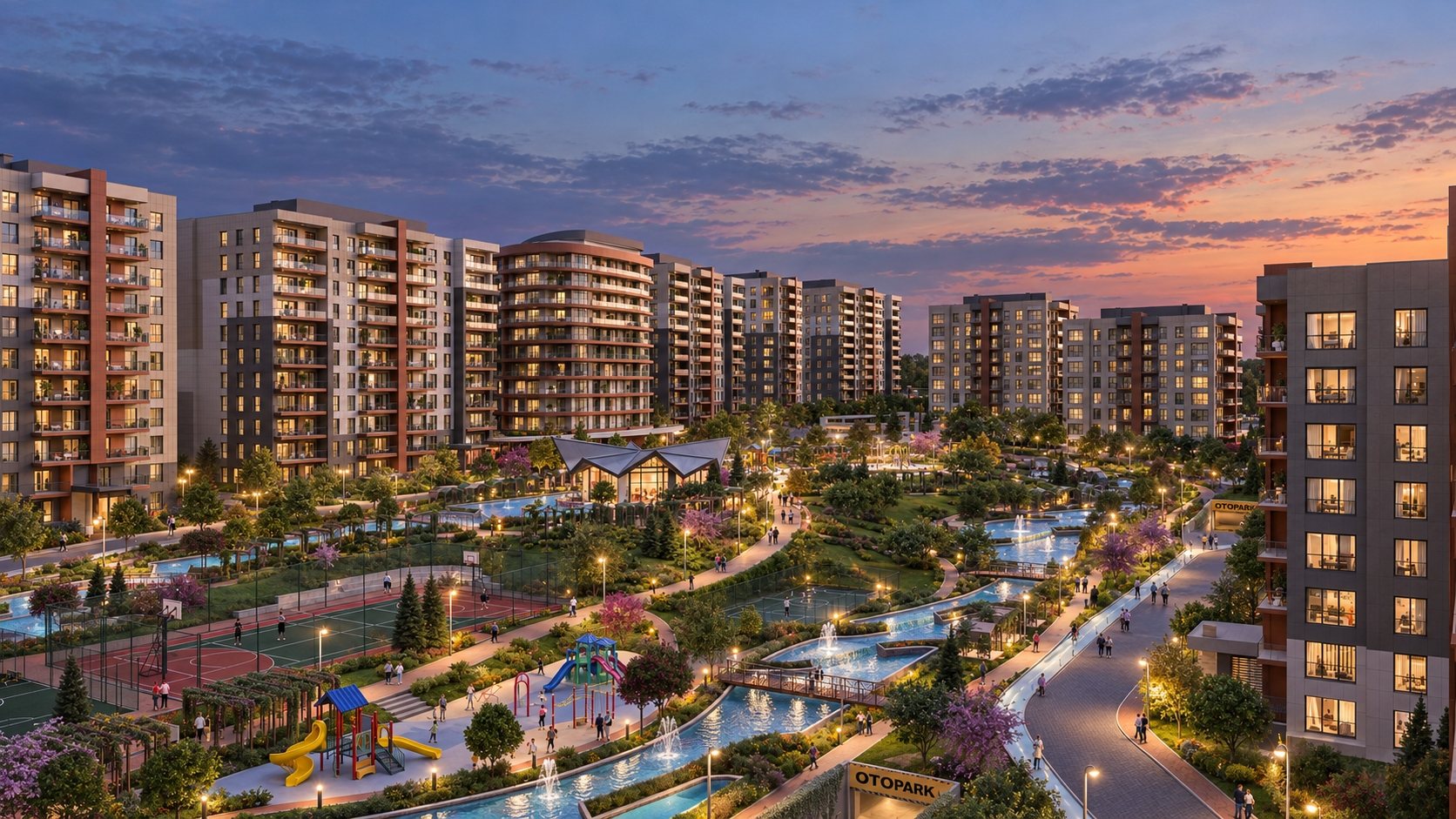 Apartment gardens and illuminated walkways at dusk