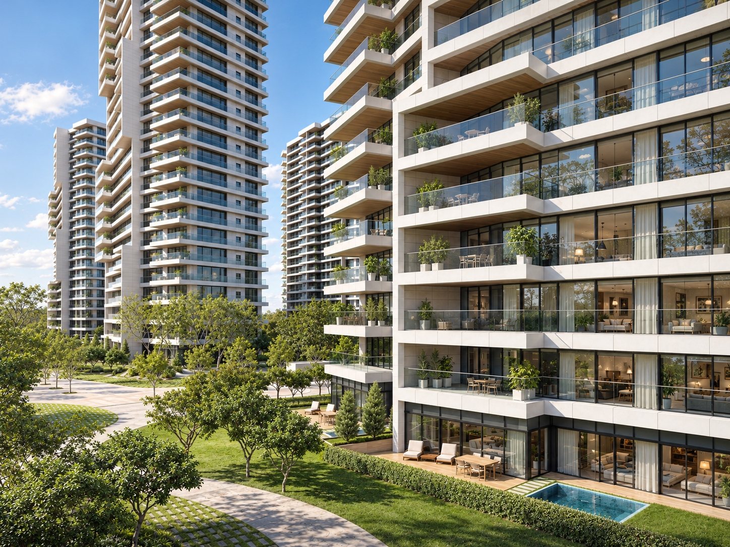 Landscaped paths between residential towers