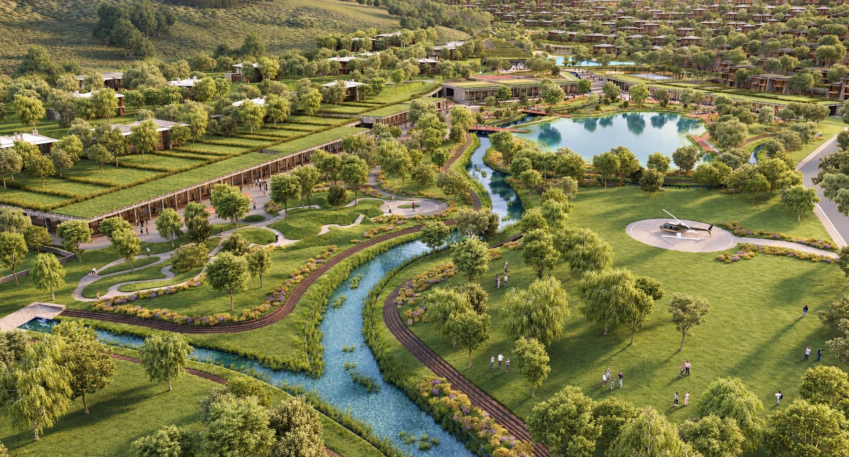 Aerial landscape of waterways and gardens